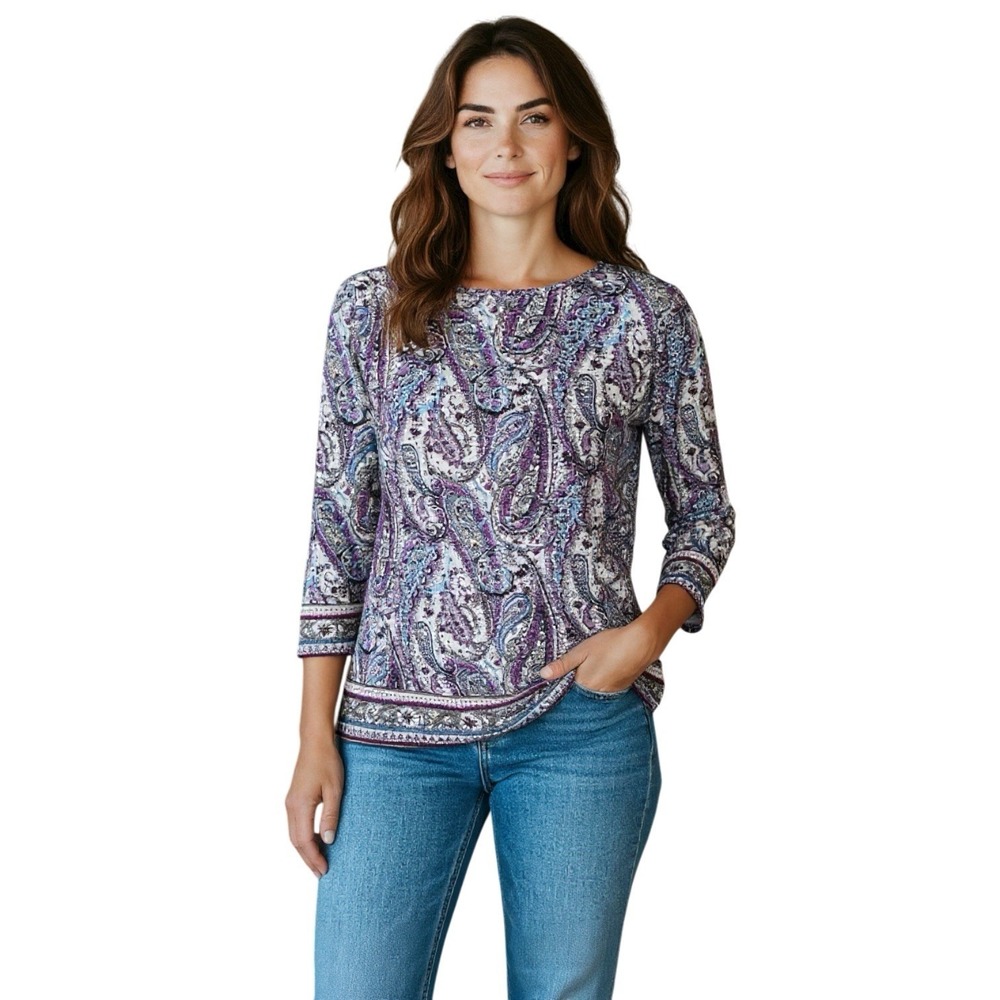 J Jill Paisley 3/4 Sleeve Scoop Neck Blue Purple Black Blouse. ‎ SZ. Pet Large.